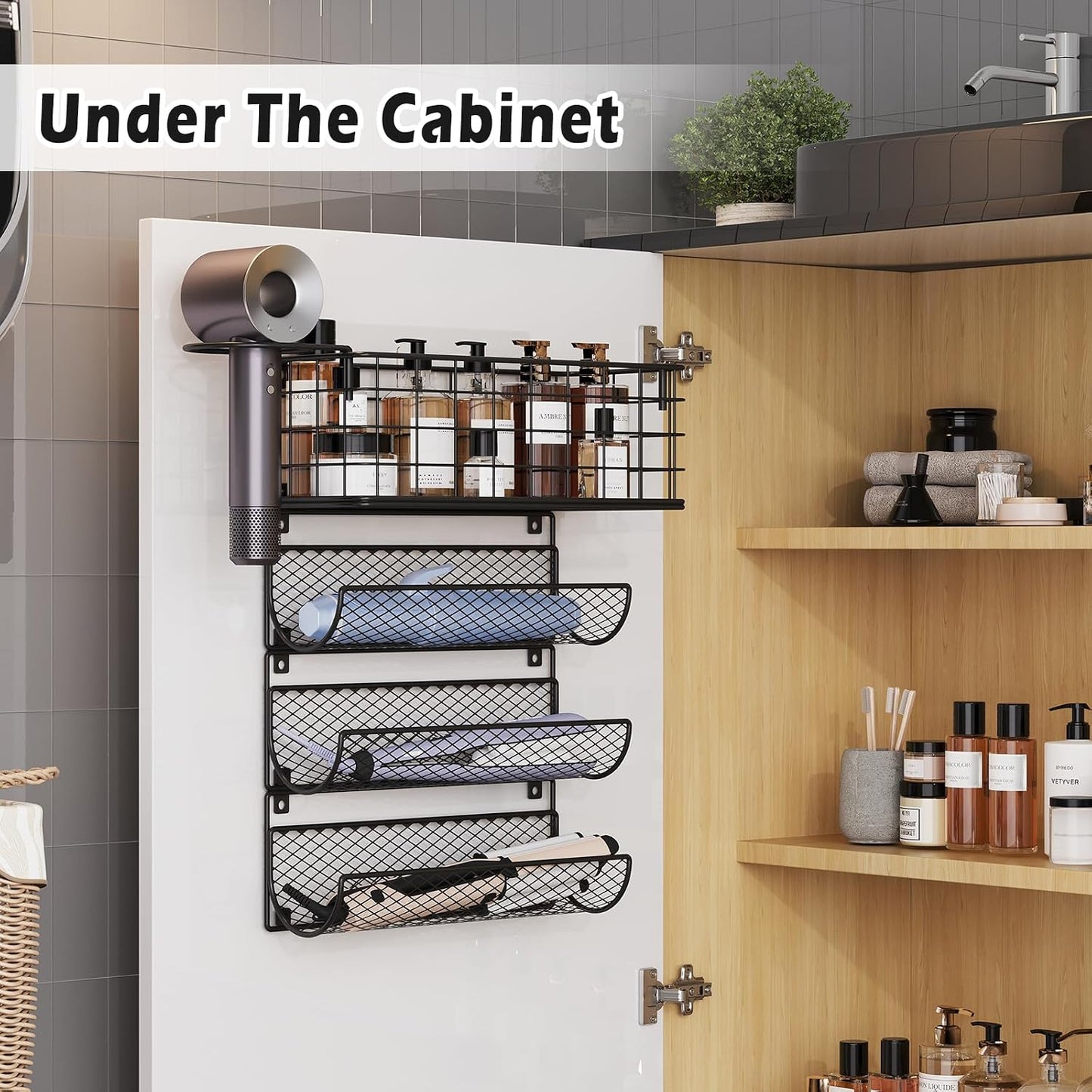 Wall-Mounted Hair Dryer Holder Styling Tool Organizer 4-Shelf Storage Wire Basket with Hook Heat Safe Rack for