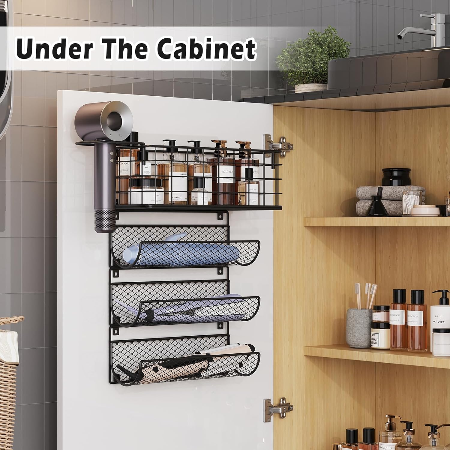 Wall-Mounted Hair Dryer Holder Styling Tool Organizer 4-Shelf Storage Wire Basket with Hook Heat Safe Rack for