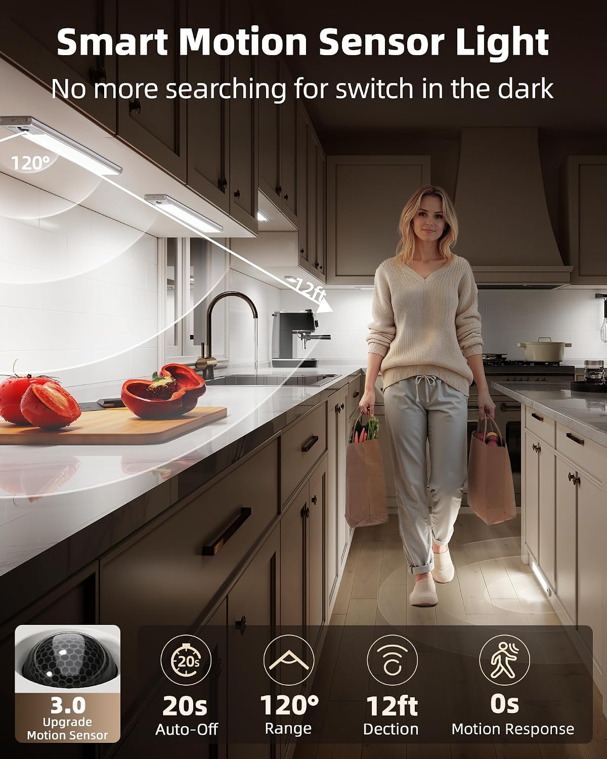 EZVALO 3-Pack 12inch Under Cabinet Lighting with Remote, 3300mAh Rechargeable Motion Sensor Lights, Magnetic Dimmable