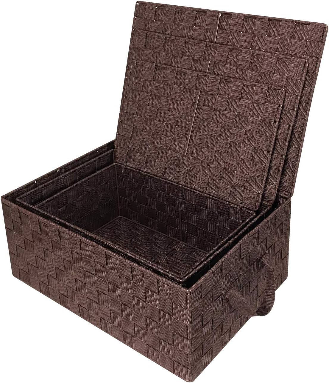 Linen Closet Organizers and Storage / Woven Lid Baskets - Chocolate / Set of 3