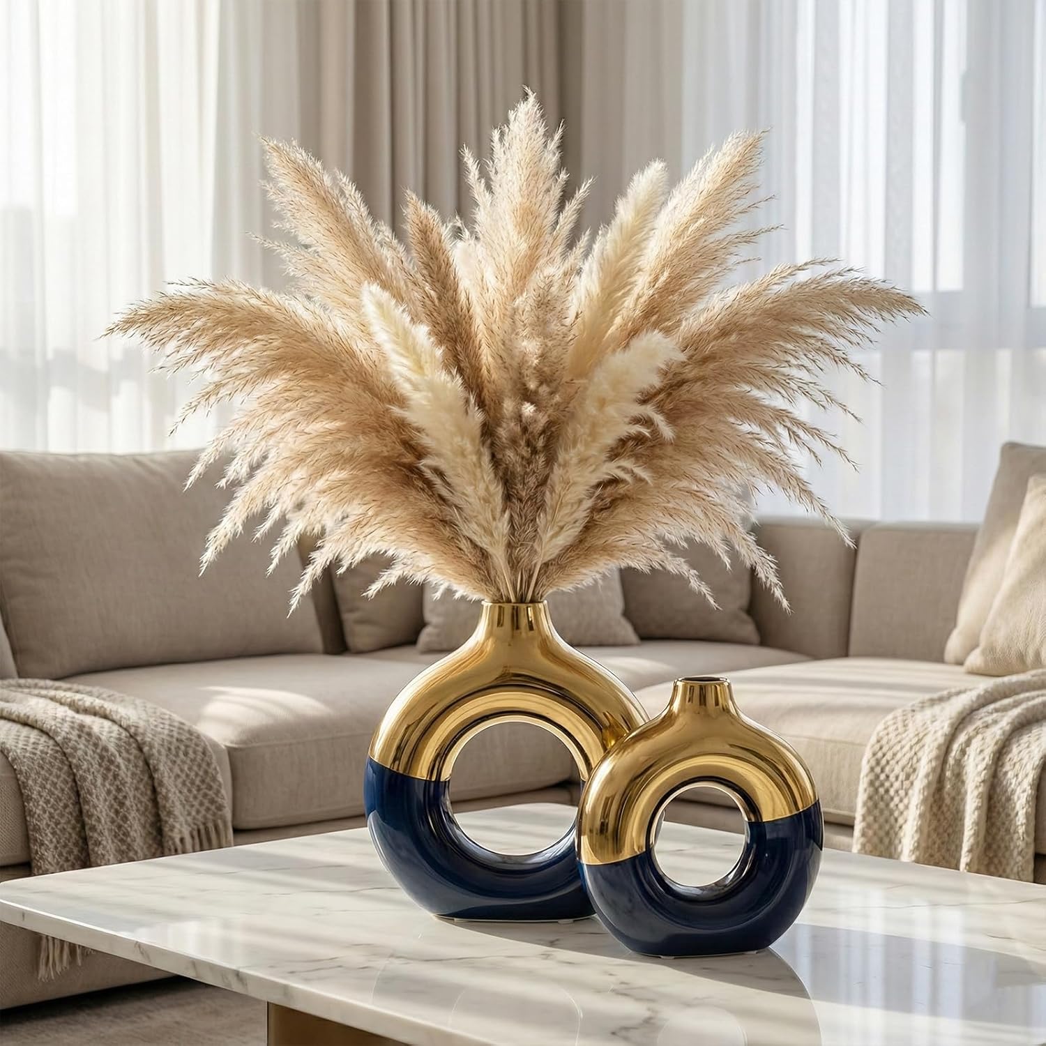 Modern Matte Ceramic Vases for Entryway Living Room / Blue and Gold / Set of 2