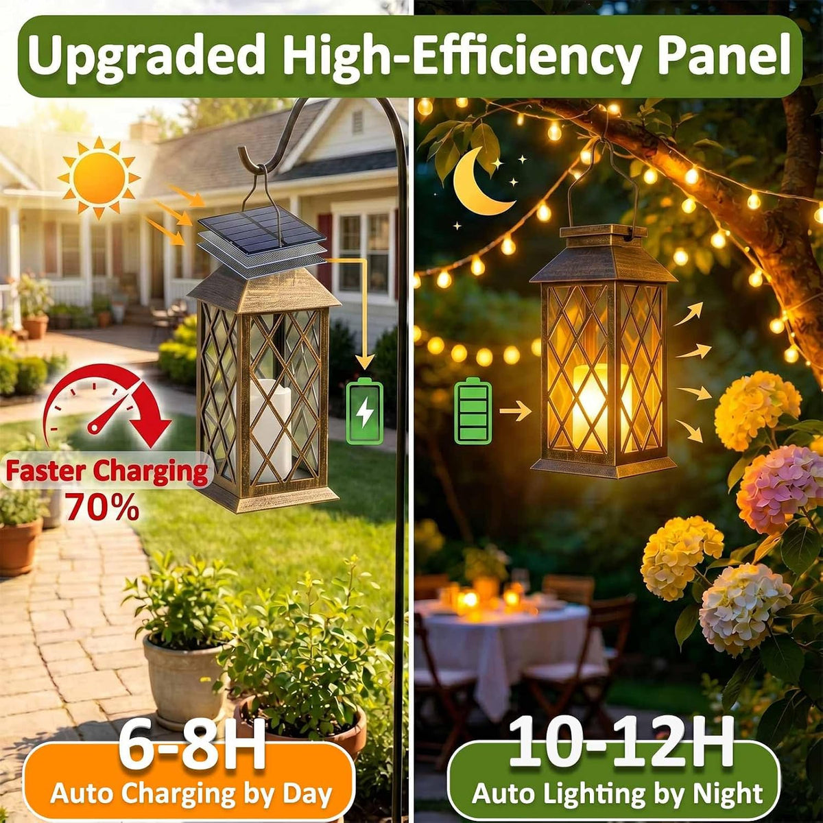 2 Pack 11" Medium Tempered Glass Solar Lanterns Outdoor Waterproof | Hanging Solar Lights with Flickering Flameless