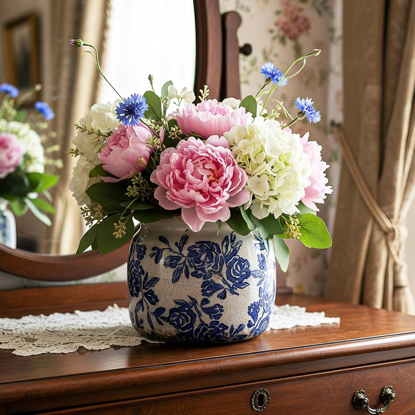Vintage Chinoiserie Planter Large Ceramic Plant Pot / Blue Rose / Beige and Blue