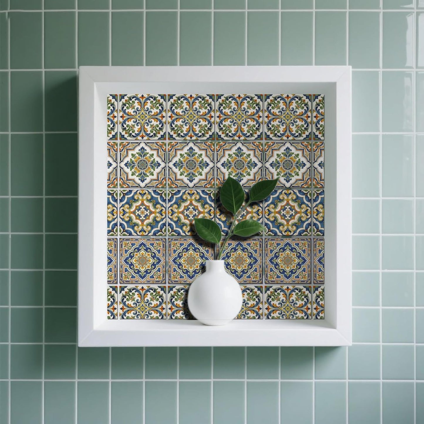 4 Style Tile Stickers Peel and Stick Retro Floral Wall Tile Stickers / Blue Floral / Set of 36