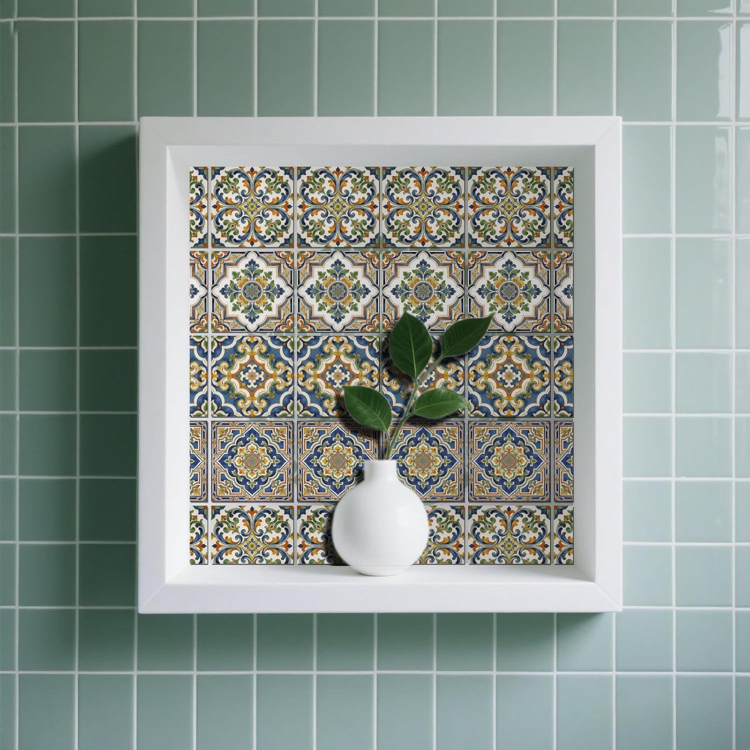 4 Style Tile Stickers Peel and Stick Retro Floral Wall Tile Stickers / Blue Floral / Set of 36
