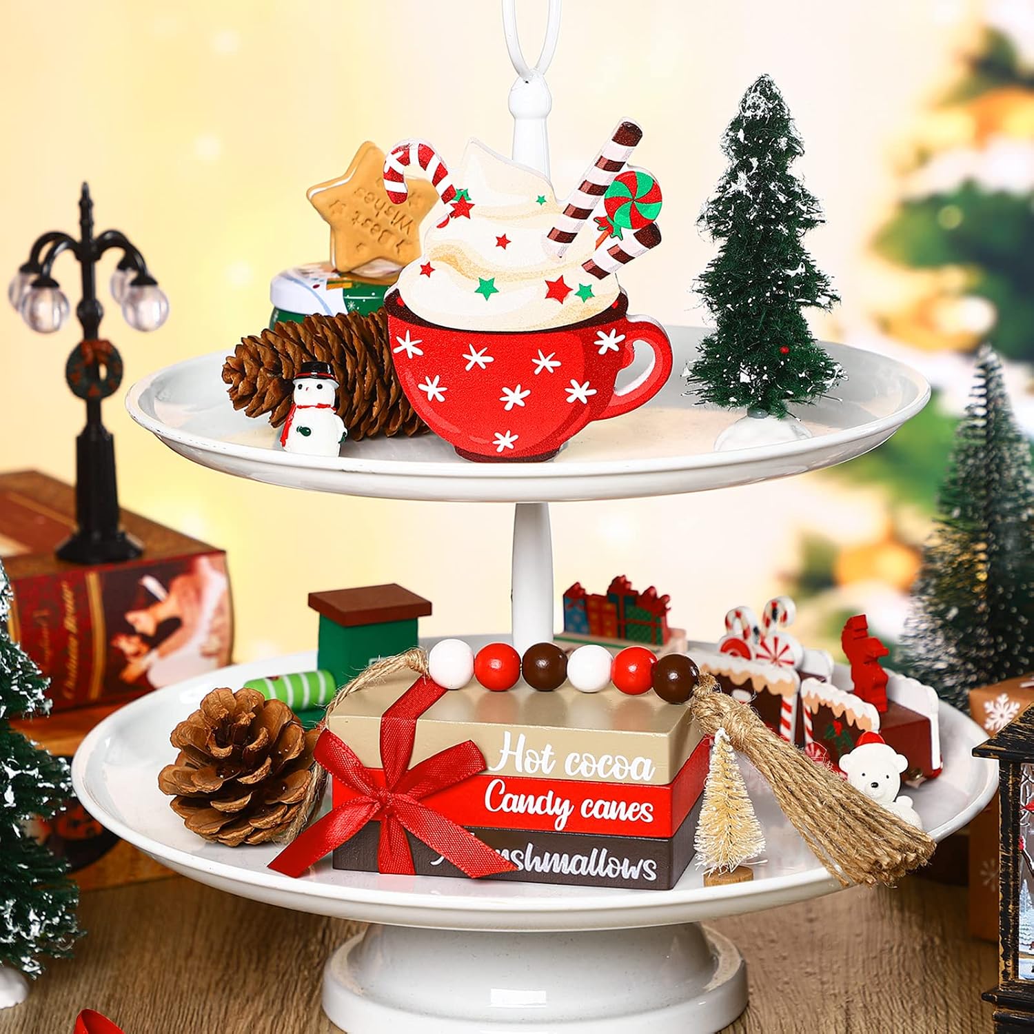 Christmas Farmhouse Tiered Tray Decor Winter Hot Cocoa Wood Decorative Stack Book Decor / Set of 5