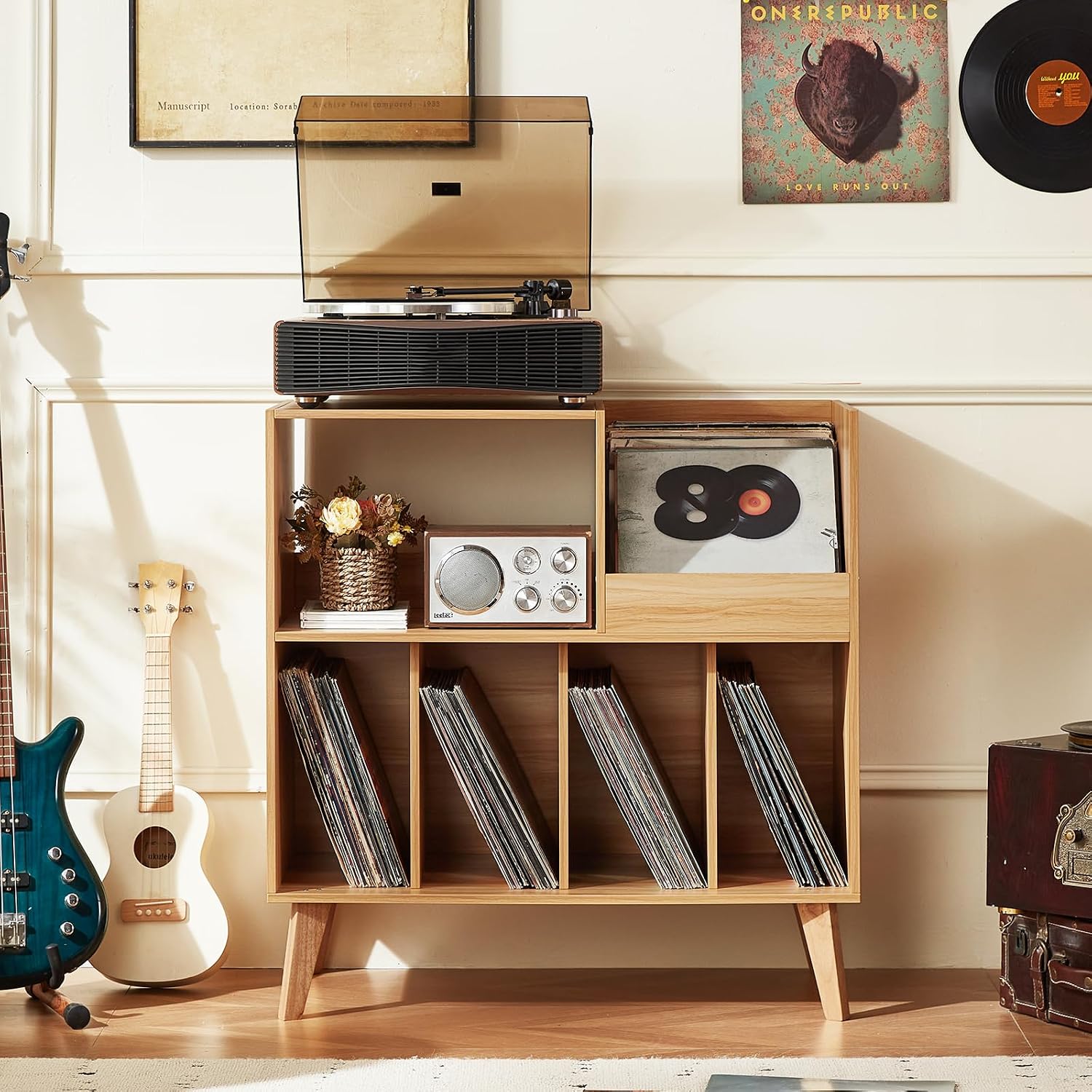 Large Record Player Stand Holds Up to 300 Albums | Natural Wood Turntable Stand, Vinyl Holder with Display Area, Record