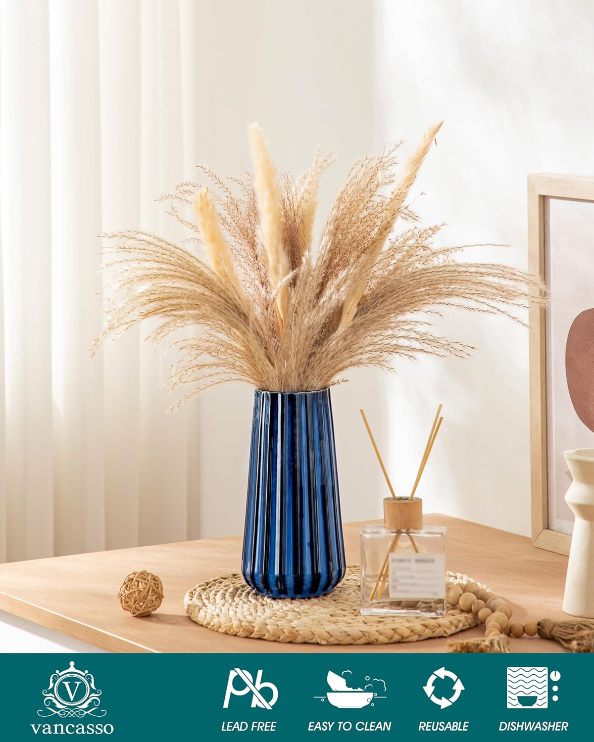 Ceramic Vase / Modern Ribbed Glossy Decorative Vase / Blue / 7.8 Inch
