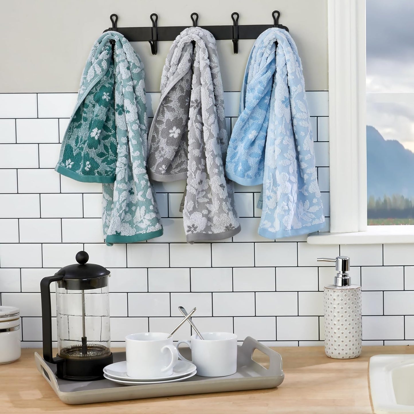 SKL Home Floral Hand Towel Set-2pc, 100% Cotton Jacquard, Moss Green | Soft, absorbent & reversible. Great for use in