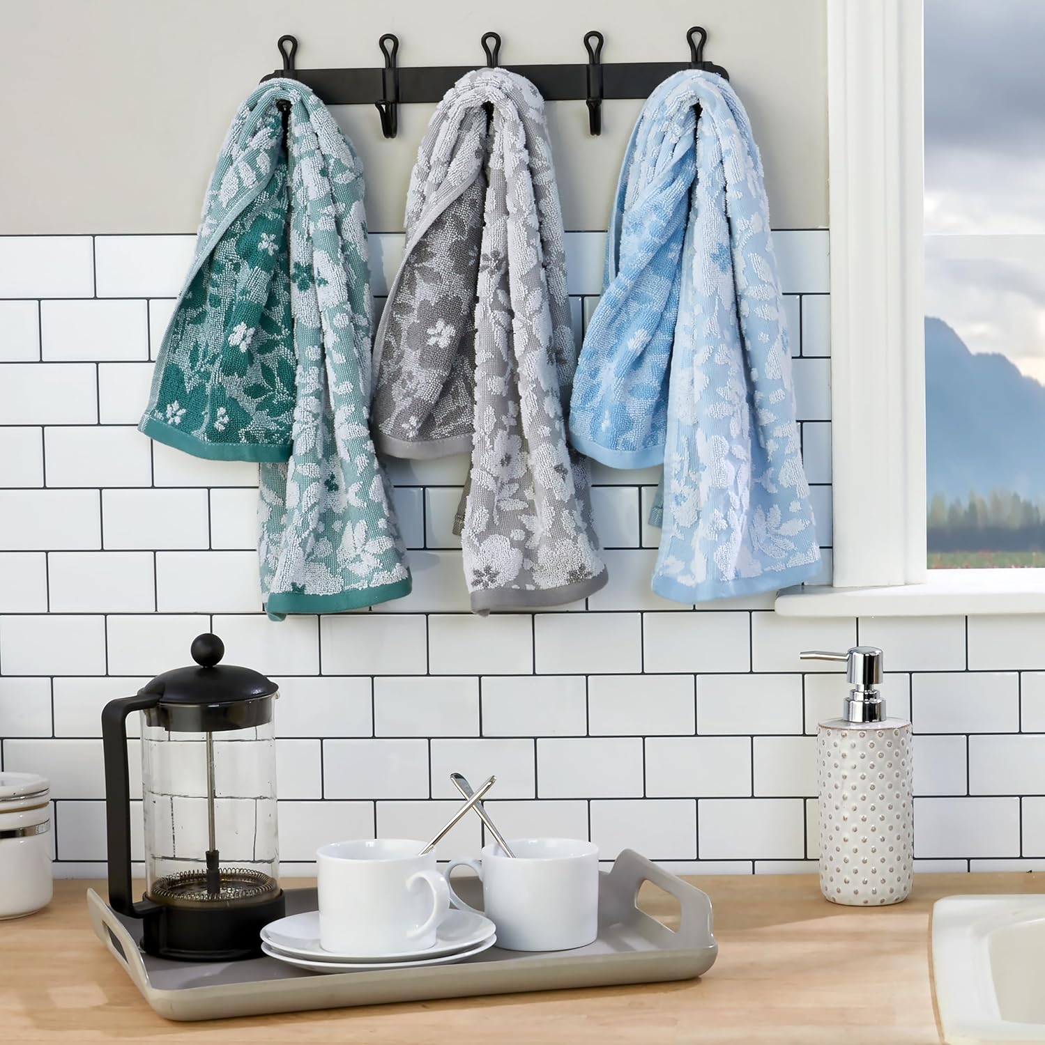SKL Home Floral Hand Towel Set-2pc, 100% Cotton Jacquard, Gray | Soft, absorbent & reversible. Great for use in the