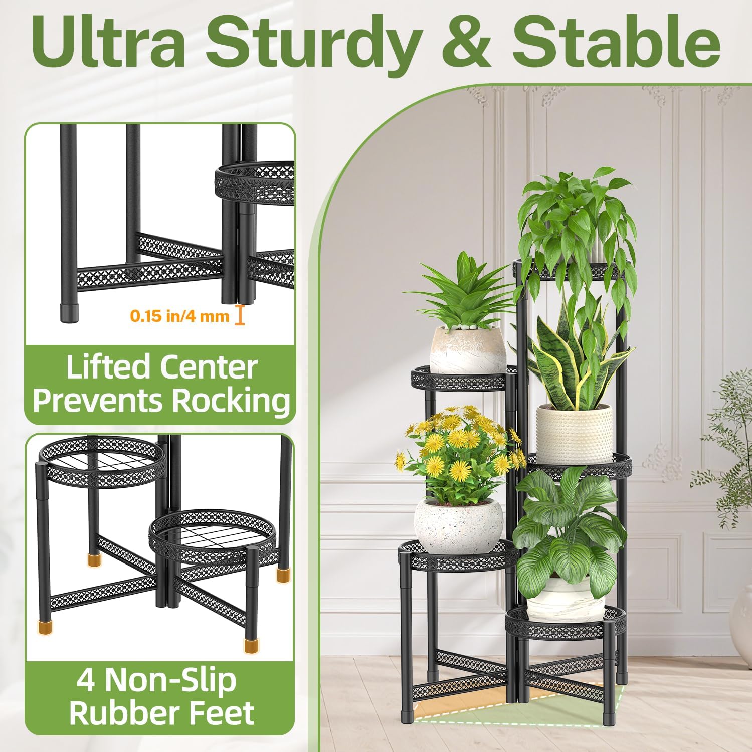 iDavosic.ly Plant Stand Indoor Outdoor, 5 Tier Iron Corner Shelf, Black | Tiered Tall Flower Display Holder, Folding