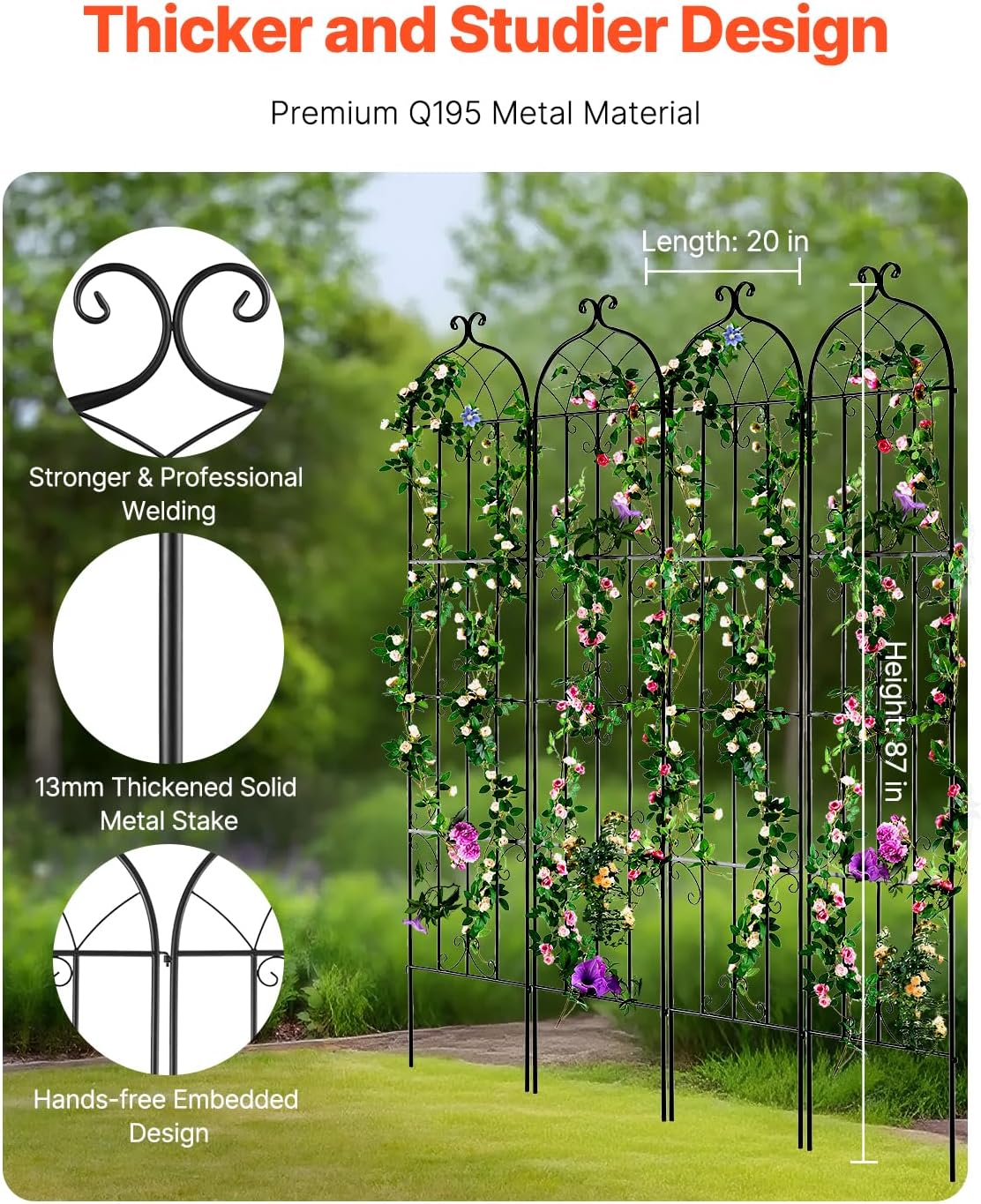 VEVOR Garden Trellis for Climbing Plants 87x20 in 4-Pack Metal Rose Trellis | For Flower, Outdoor Climbing Clematis