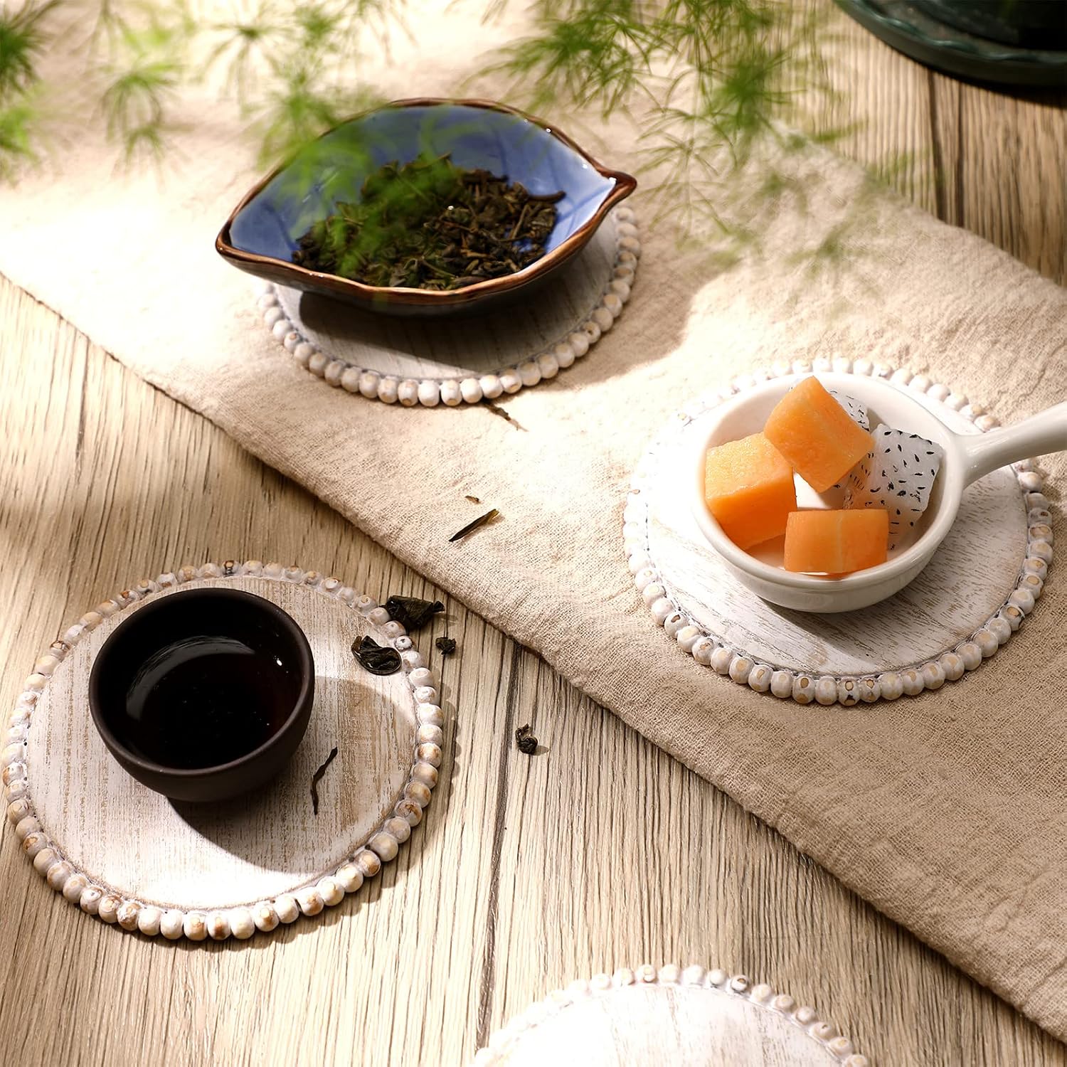 Wooden Coasters Round Bead Coasters Set Wood Drink Coaster for Drinks Decorative / Beige / Set of 4