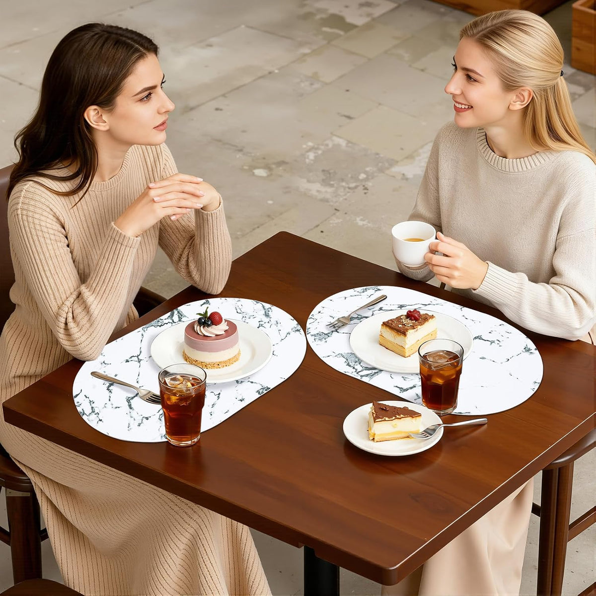 Placemats Set of 6, 11.8 x 17 Inch, Marble | Heat Resistant Oval Faux Leather Place Mats, Waterproof Wipeable