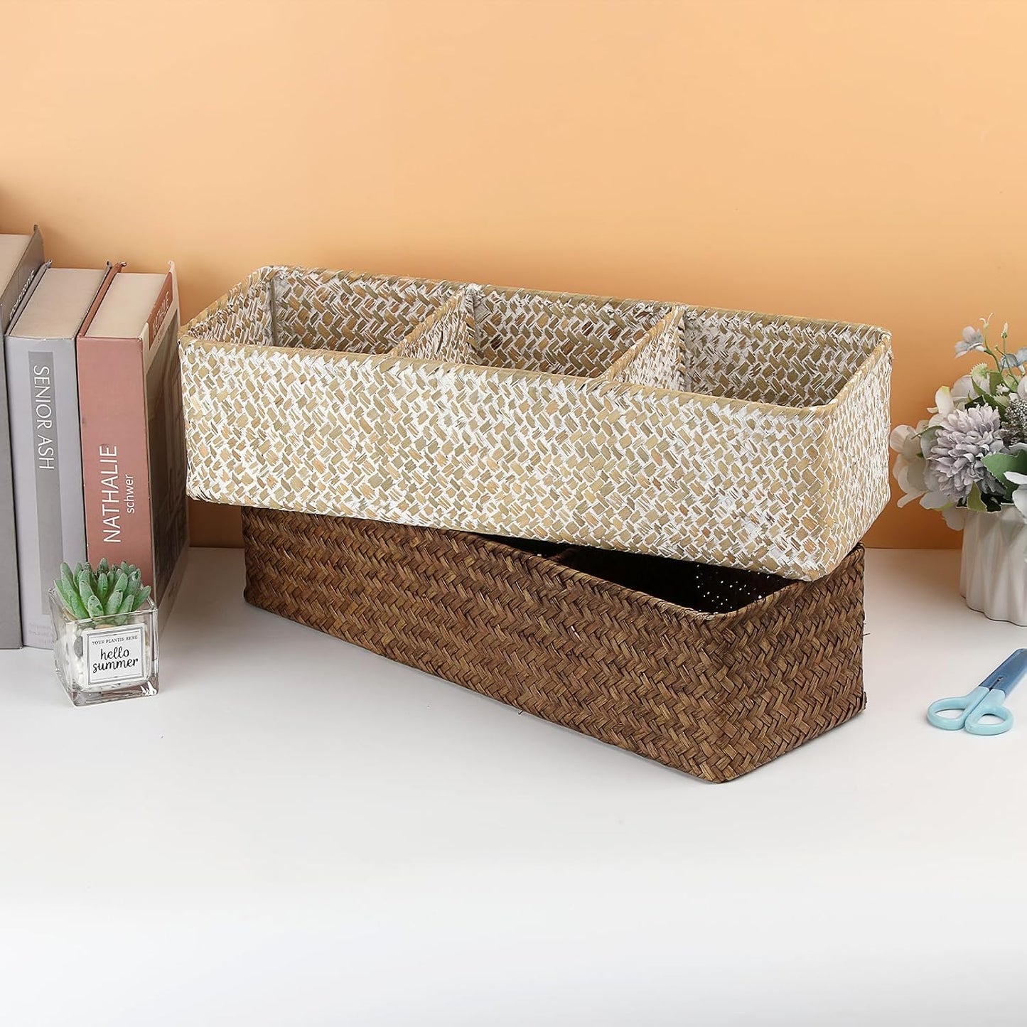 Handwoven Wicker Storage Box 3 Sections Seagrass Basket Bin Toilet Paper Holder / Large / Coffee