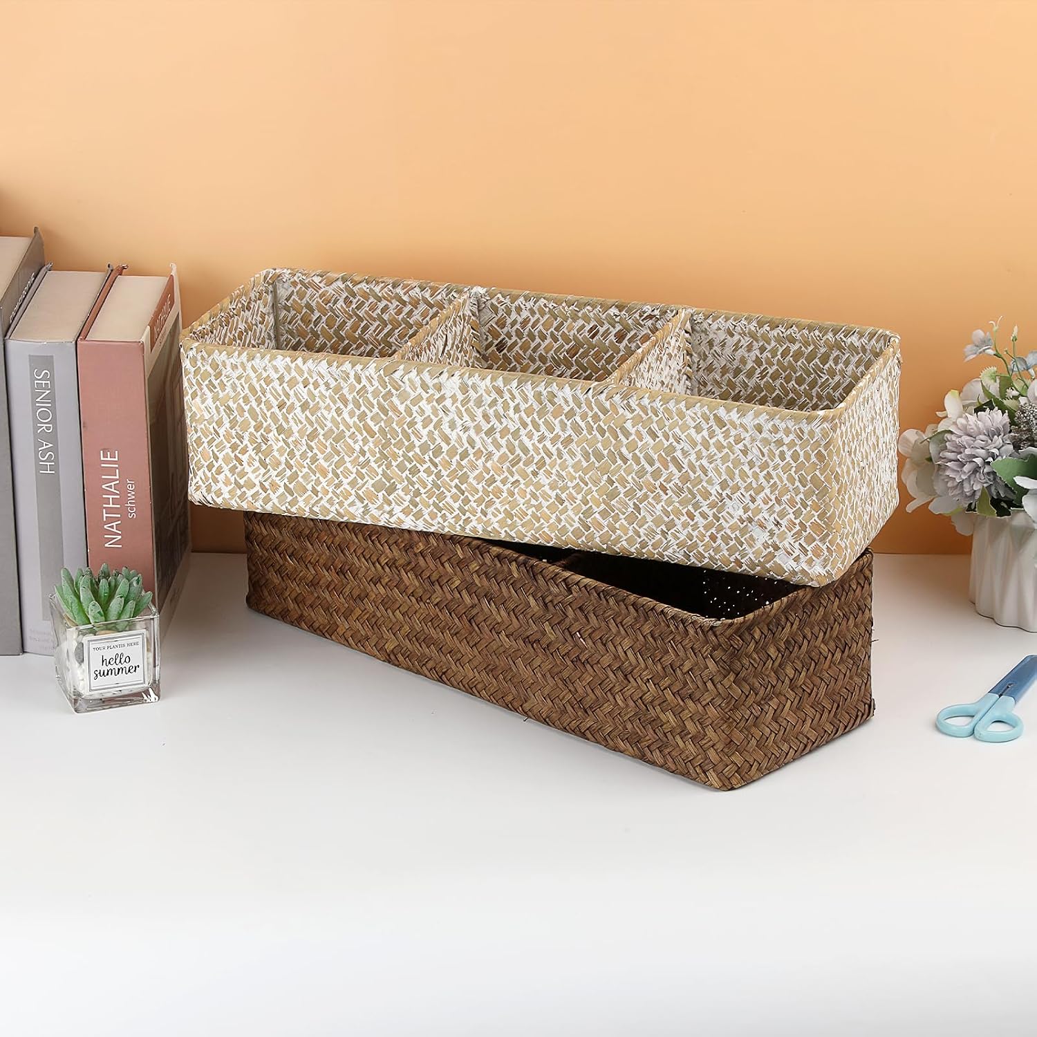 Handwoven Wicker Storage Box 3 Sections Seagrass Basket Bin Toilet Paper Holder / Large / Coffee