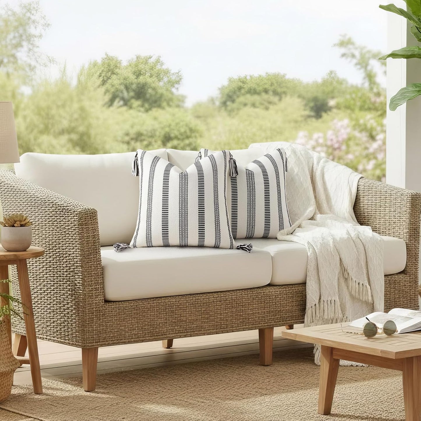Boho Outdoor Couch Throw Pillow Covers / Black and Cream White / 20 x 20 / Set of 2