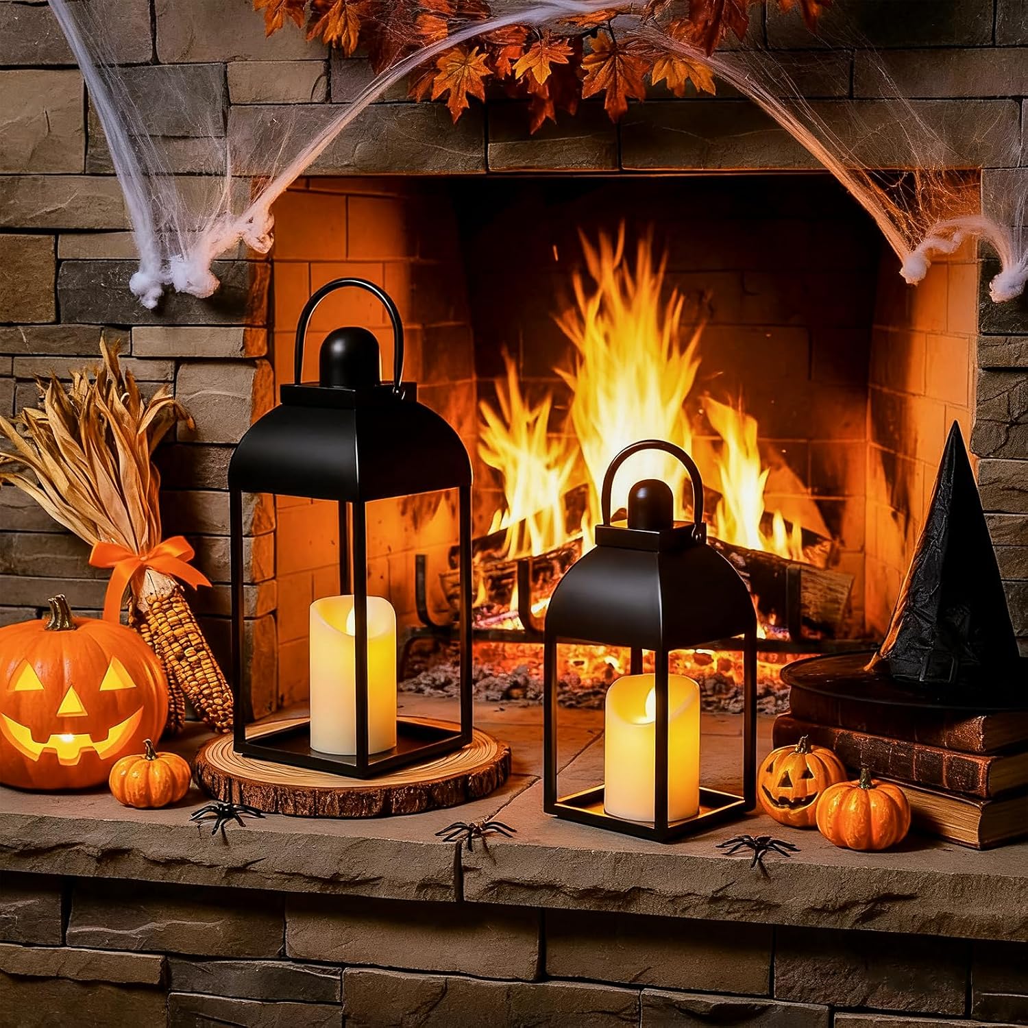 Lanterns Decorative Indoor 15" 11" Set of 2 Black Metal Lantern with Candle | Glass-free Decorative Lanterns with
