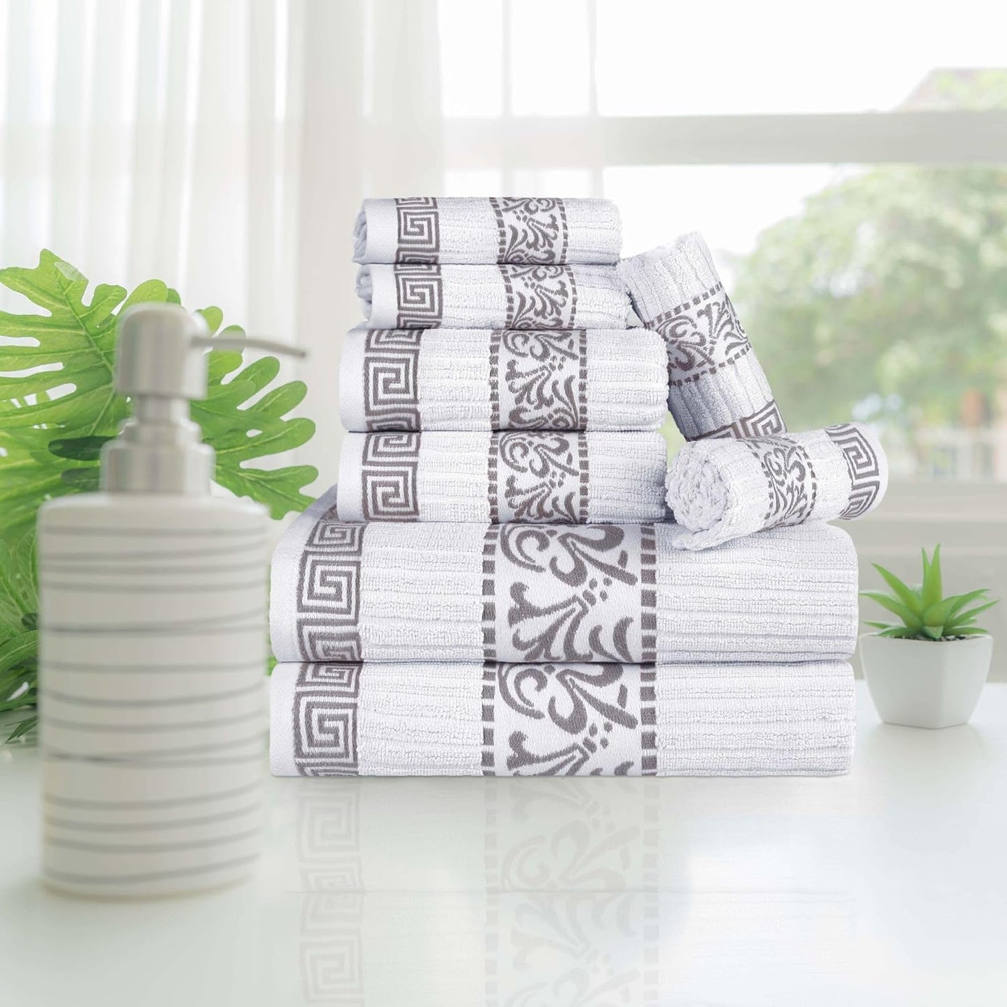 Superior 8-Piece Cotton Towel Set, Decorative Greek Pattern, Home Essentials, Absorbent Towels, Decor for Bathroom