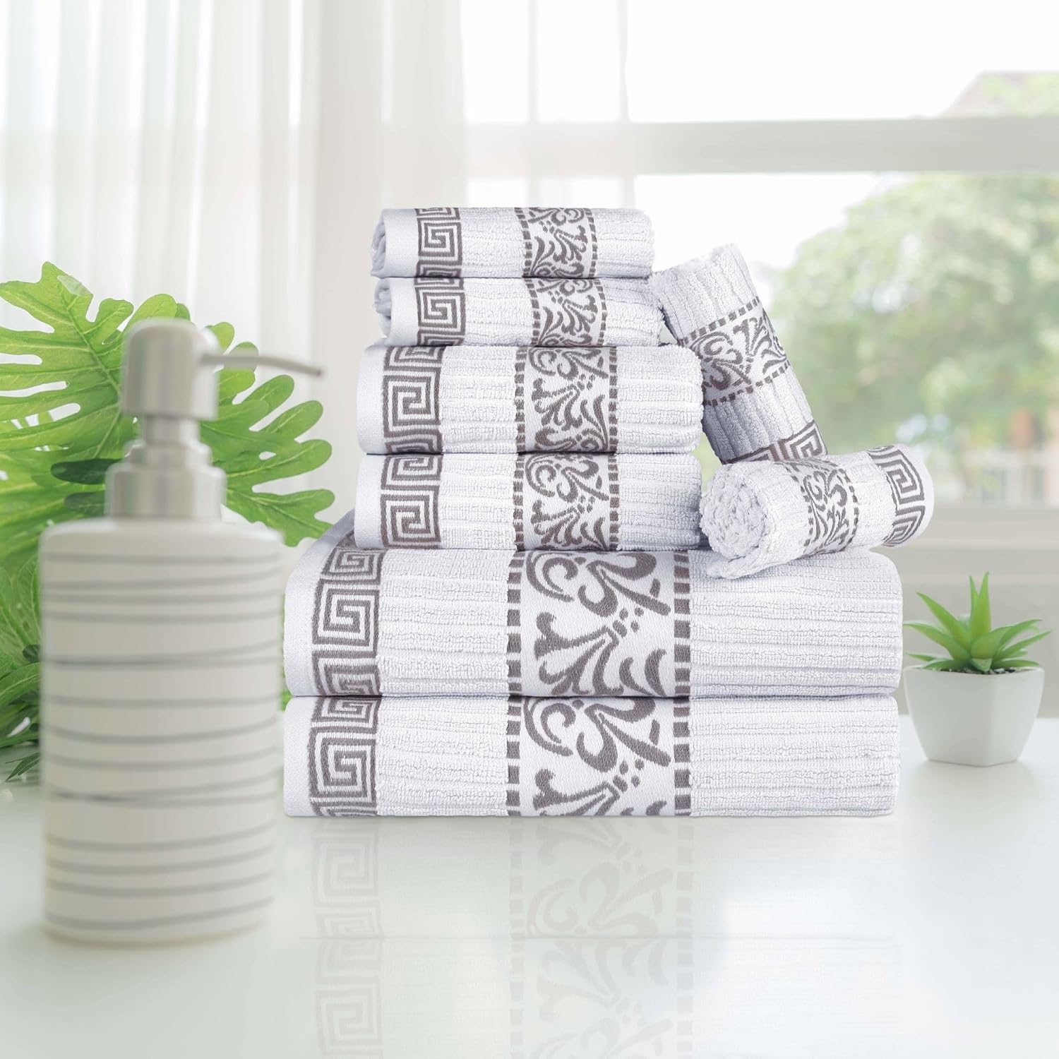 Superior 8-Piece Cotton Towel Set, Decorative Greek Pattern, Home Essentials, Absorbent Towels, Decor for Bathroom