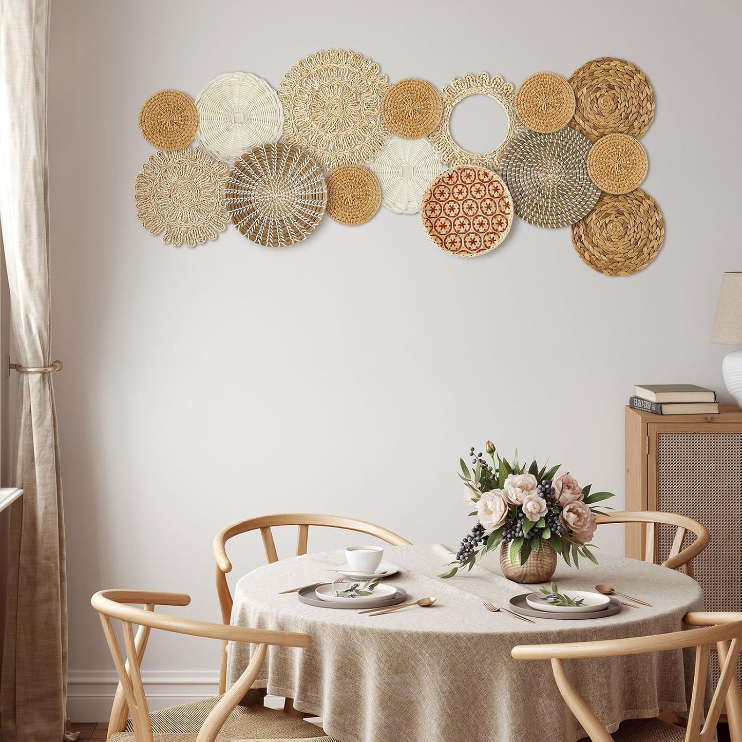 Boho Wall Basket Decor Handcrafted Seagrass Woven Wall Basket Rustic Round / Fresh Style / Set of 15