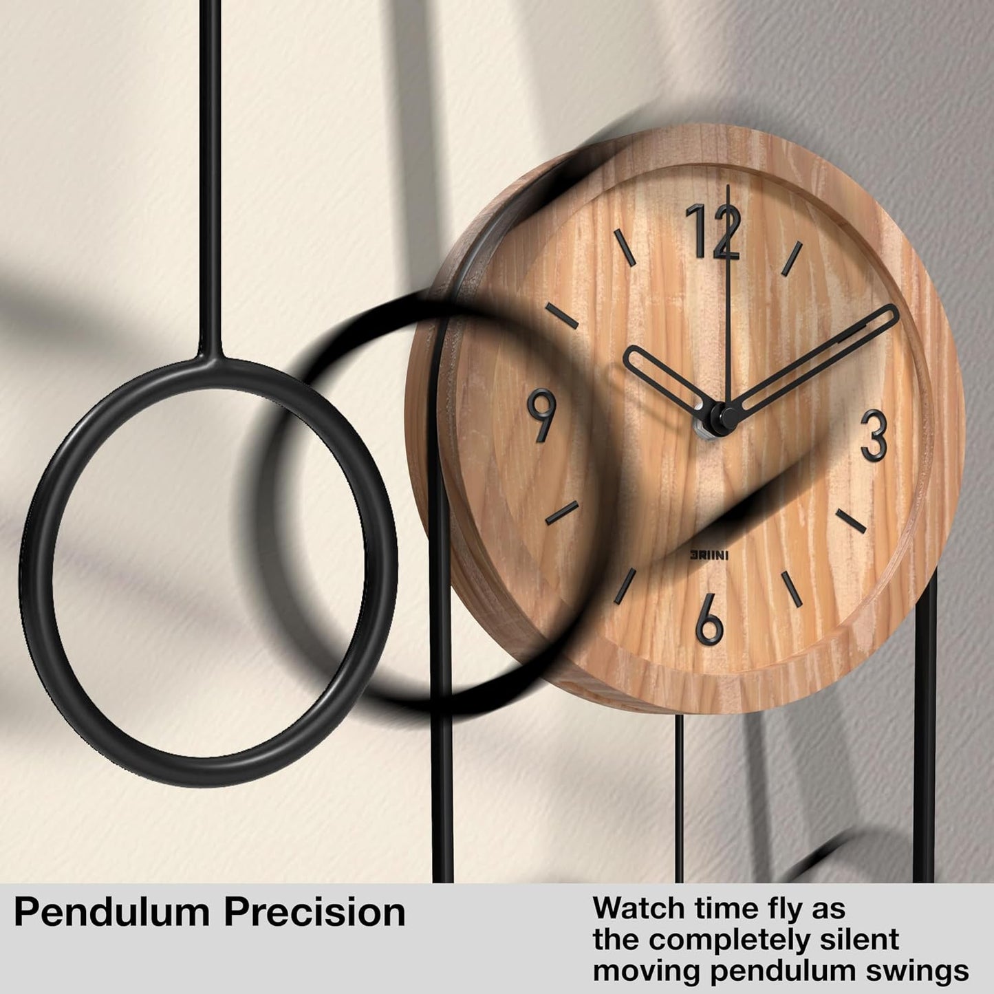 Driini Decorative Wall Clock with Pendulum (Oak) – Modern Wood, 3D Gold Numbers, Metal Frame – Small, Unique Wall