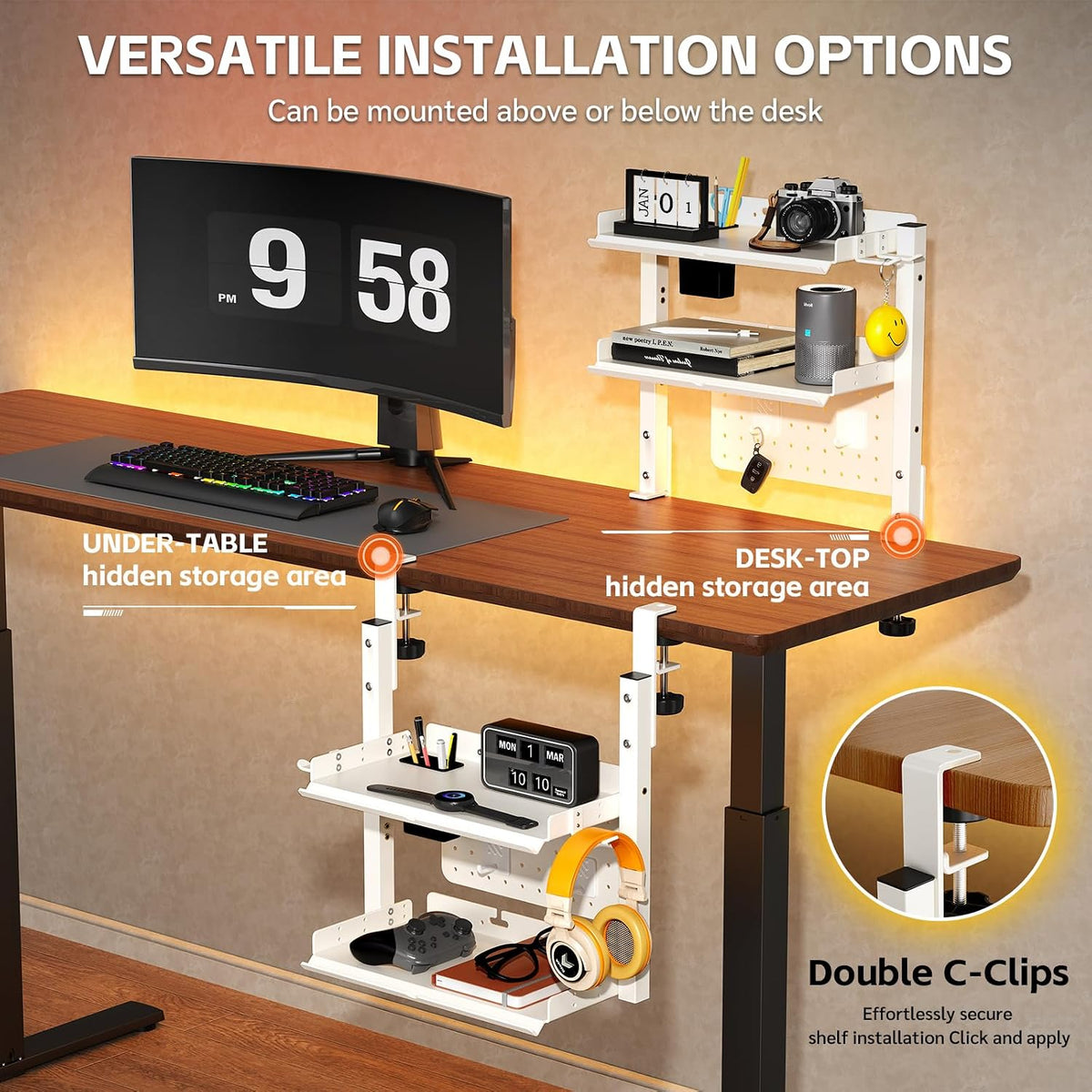 Metal Clamp On Desk Shelf,Storage Shelves with Pegboard and Pencil Holder | 2-Tier Adjustable 16 inch Above or Under