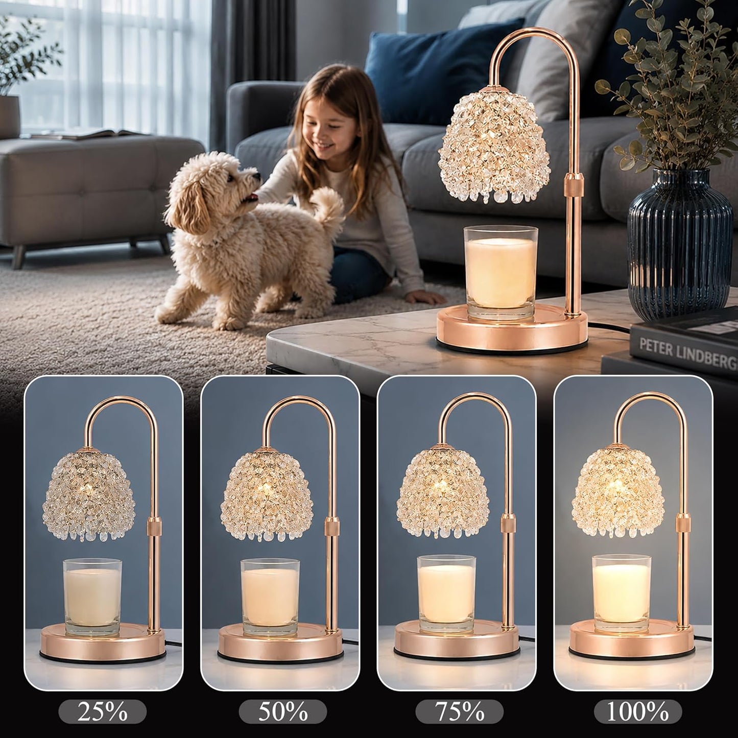 Crystal Candle Warmer Lamp with Timer, Adjustable Height, Dimmable | Hand-Embedded Glass Crystal Lampshade, Electric