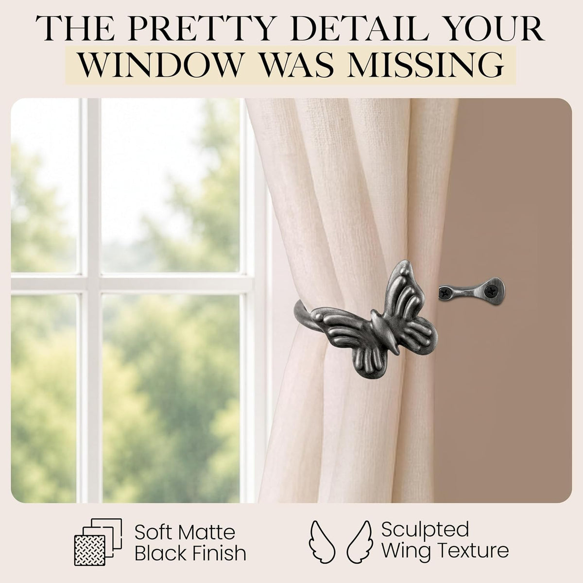 Metal Curtain Tiebacks, Drapery Holders for Wall, 2 Pcs | Farmhouse Wrought Iron Curtain Holdbacks, Ornamental Window