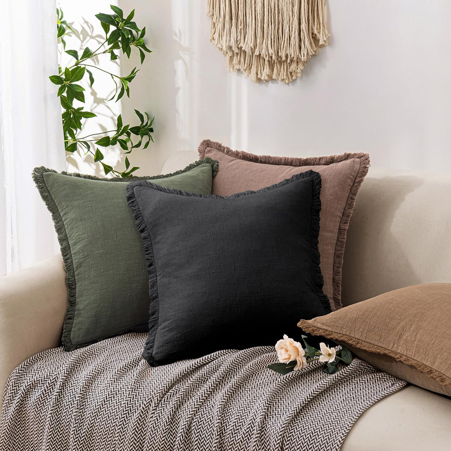 Decorative Linen Fringe Throw Pillow Covers Boho Farmhouse Soft Cushion / 20 x 20 / Black / Set of 2