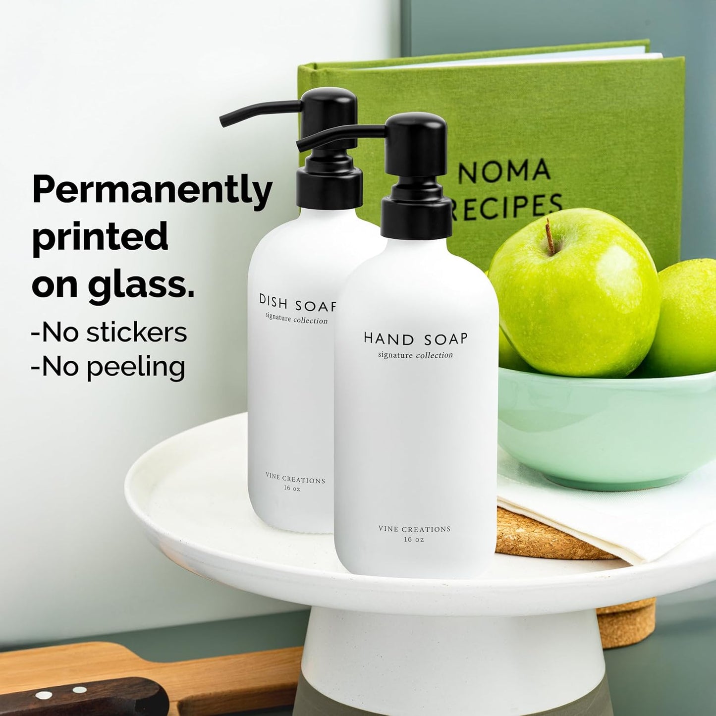 Vine Creations White Glass Soap Dispenser Set, Dish Soap and Hand Soap Dispenser Set with Stainless Steel Pump, 16 oz