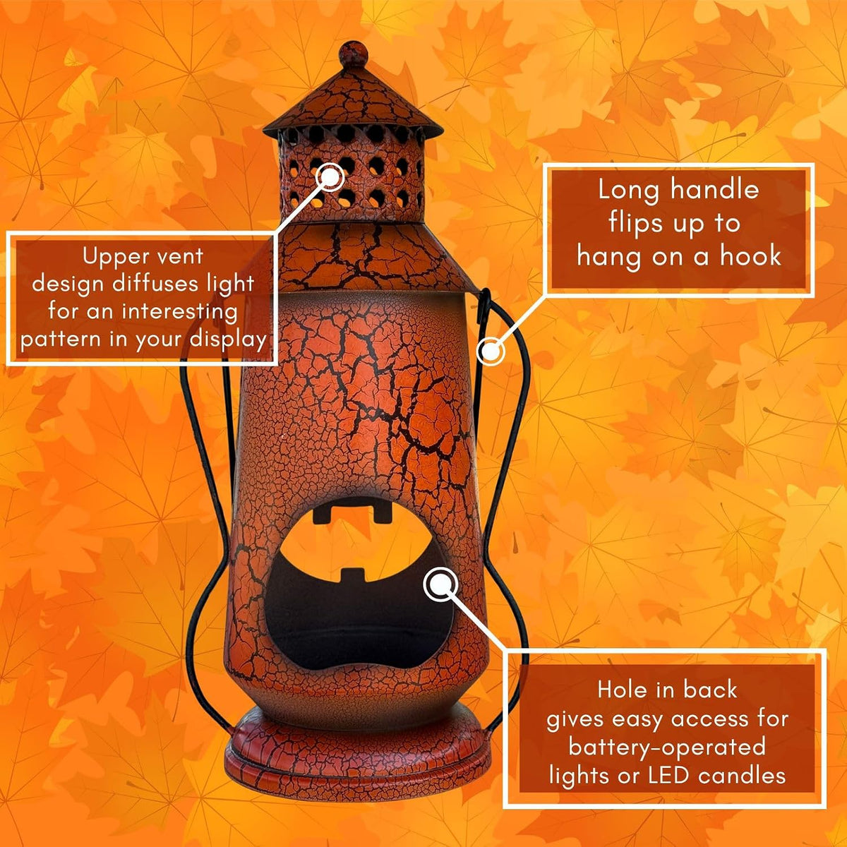 Clovers Garden Halloween Pumpkin Rustic Lantern with Handle, 11.5" Tall Metal Jack O Lantern Fall Decoration, Standing