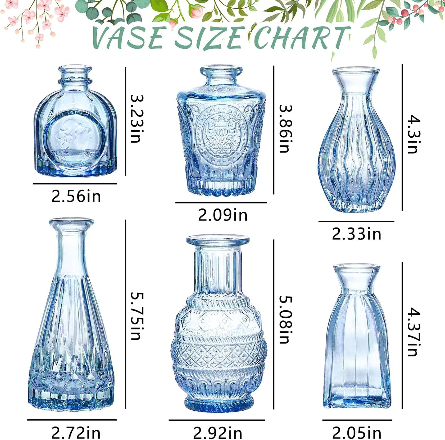 Glass Bud Vase Set / Blue / Set of 6