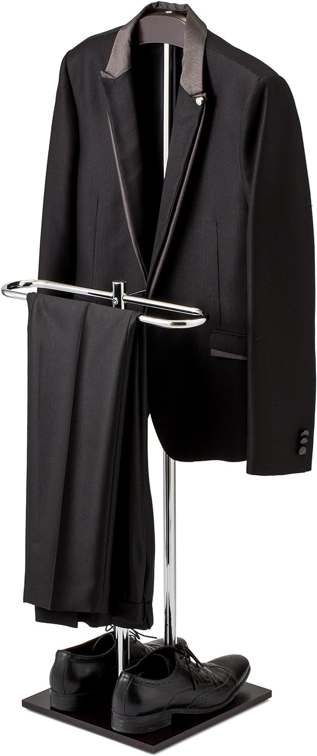 MyGift Brown Wood Metal Valet Suit Stand Garment Organizer Rack | Executive Style Organizer, Wood Metal Design, Coat
