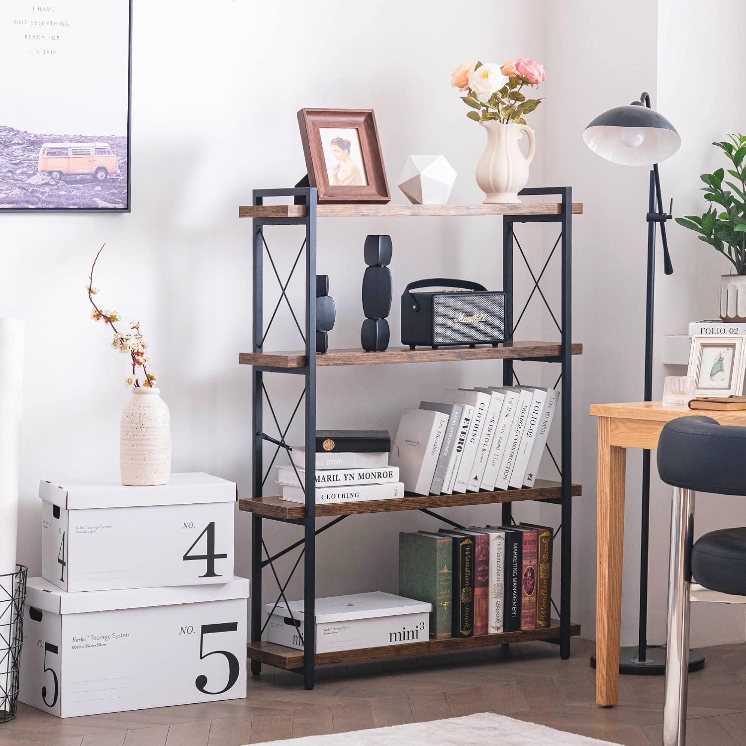 Metal Frame / Rustic Open Book Shelf / 4-tier / Rustic Brown