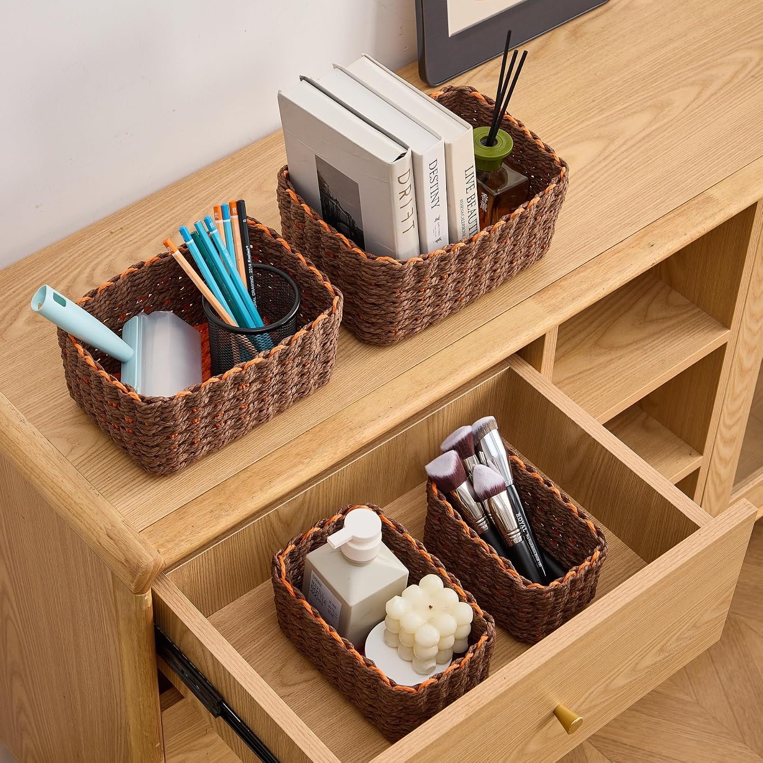 Woven Storage Baskets Set / Brown & Orange / Set of 4