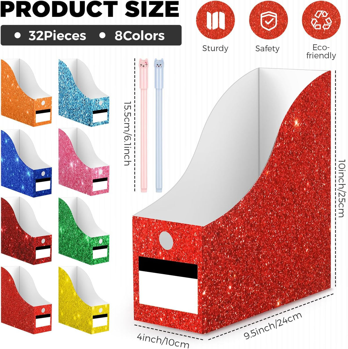 32 Pcs Cardboard Magazine File Holders Organizer, Solid, Glitter | Foldable Magazine Boxes with Label Stickers, 8