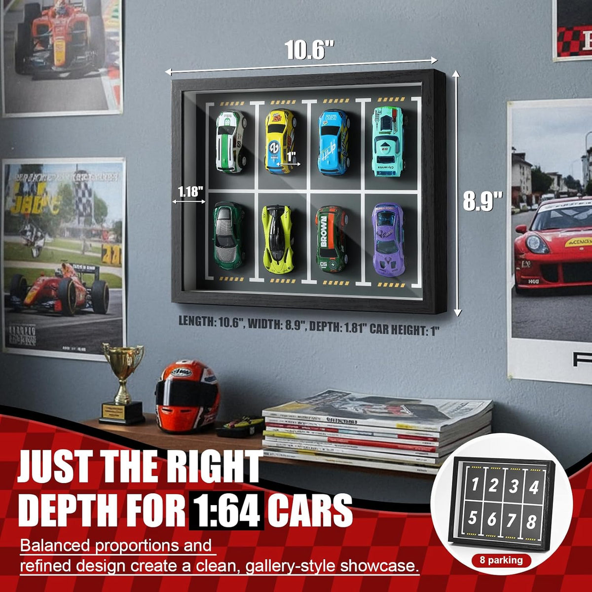 Magnetic 1:64 Diecast Display Frame, Clear Acrylic Model Car Shadow Box with Parking Layout Mat for Matchbox Hot Wheel
