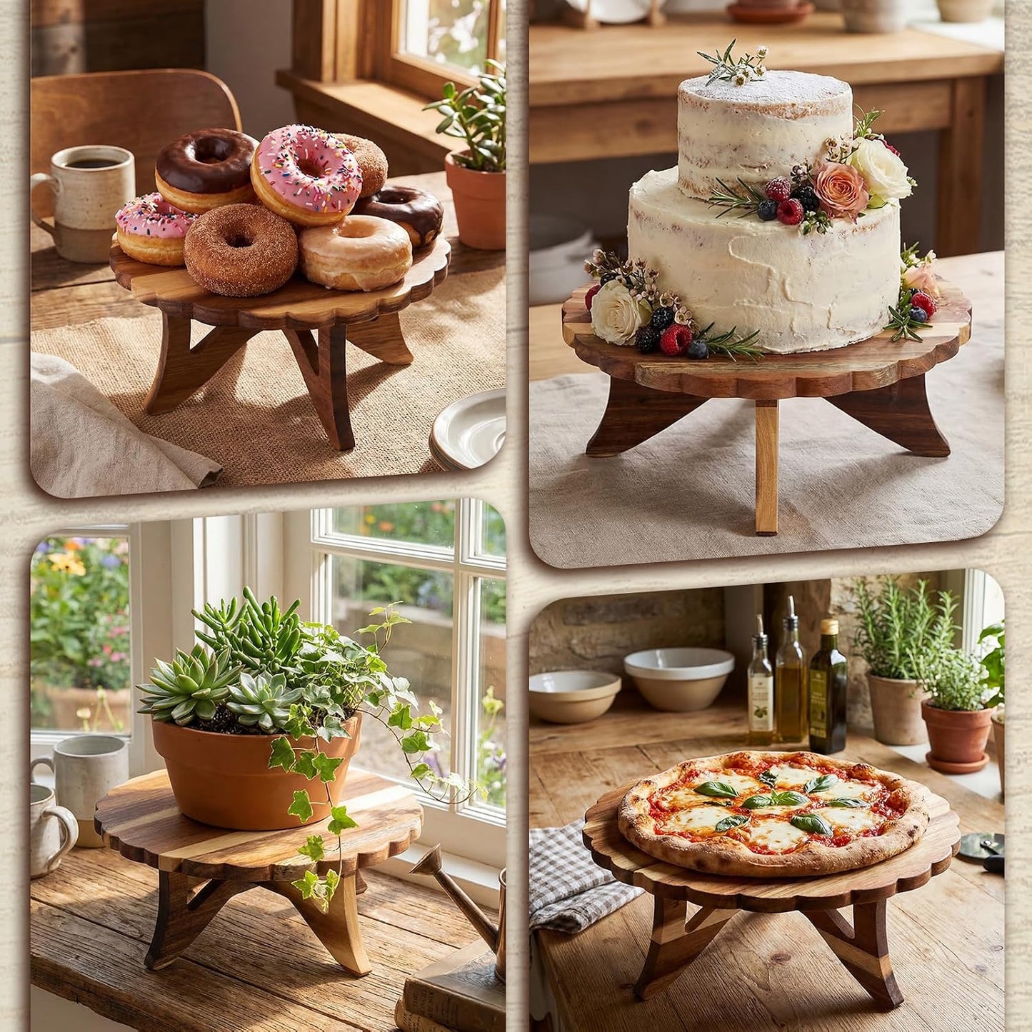 Farmhouse Wood Cake Stand 12'' 10'' 8'' Acacia Wooden Rustic Cupcake Holder / Lace / Set of 3