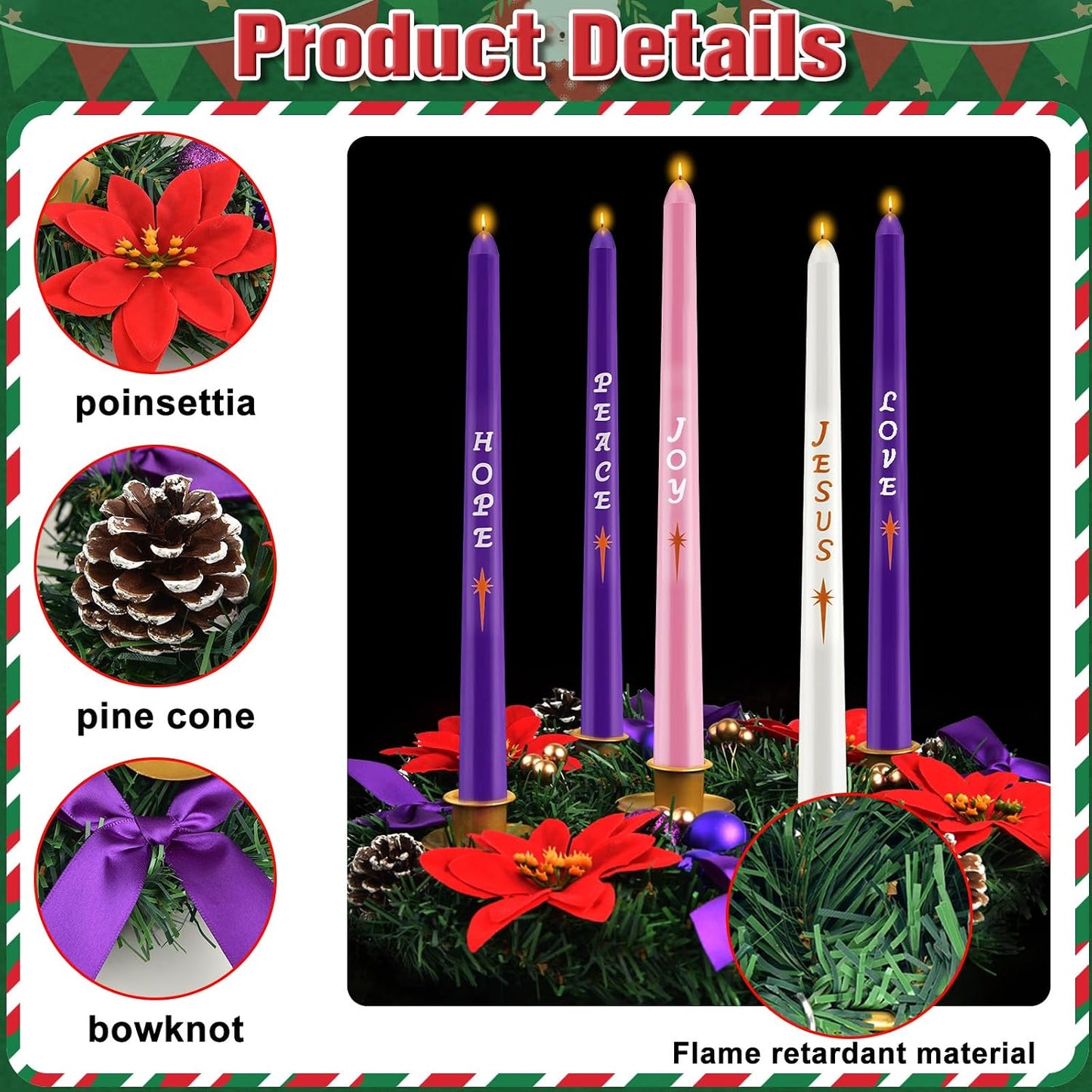 12in Christmas Advent Wreath 5 Candle Holder With Metal Cups For Taper Candles Advent Wreath And Candles Set Safety
