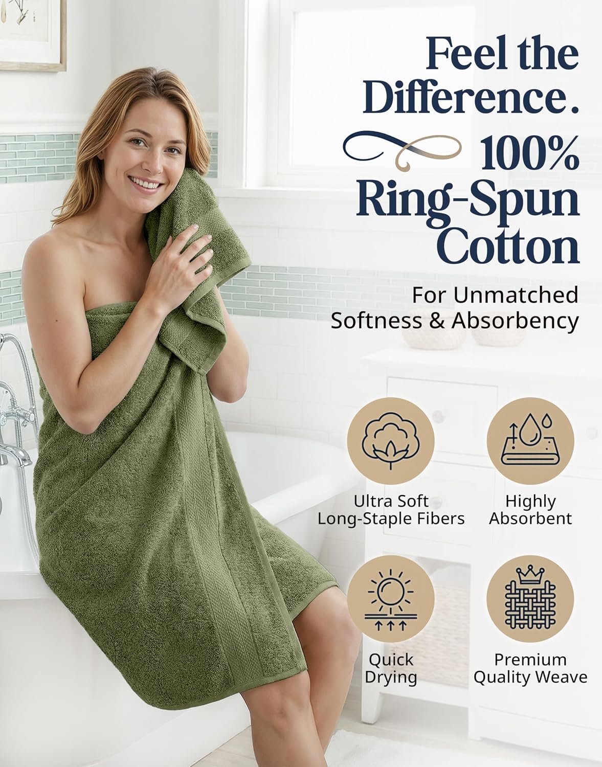 LANE LINEN Bath Towel Set 100% Cotton 6 Piece Soft Absorbent - Oil Green | Bath Towels Set Of 6 - Densely Woven