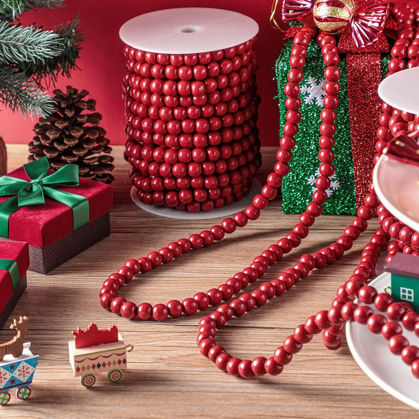 Giegxin 2 Pcs Wood Red Christmas Bead Garland 66 Feet Rustic Farmhouse | Rustic Wooden Beaded Garland for Tree Tier