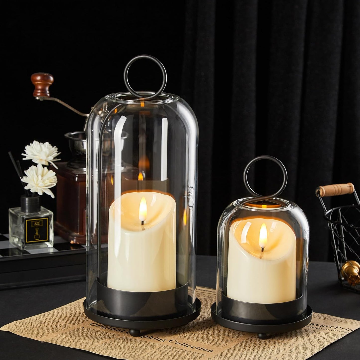 5"&4" Metal Candle Holder with Handmade Glass Dome in Brass & 2 Timer Candles, Set of 2 Versatile Hurricane Glass