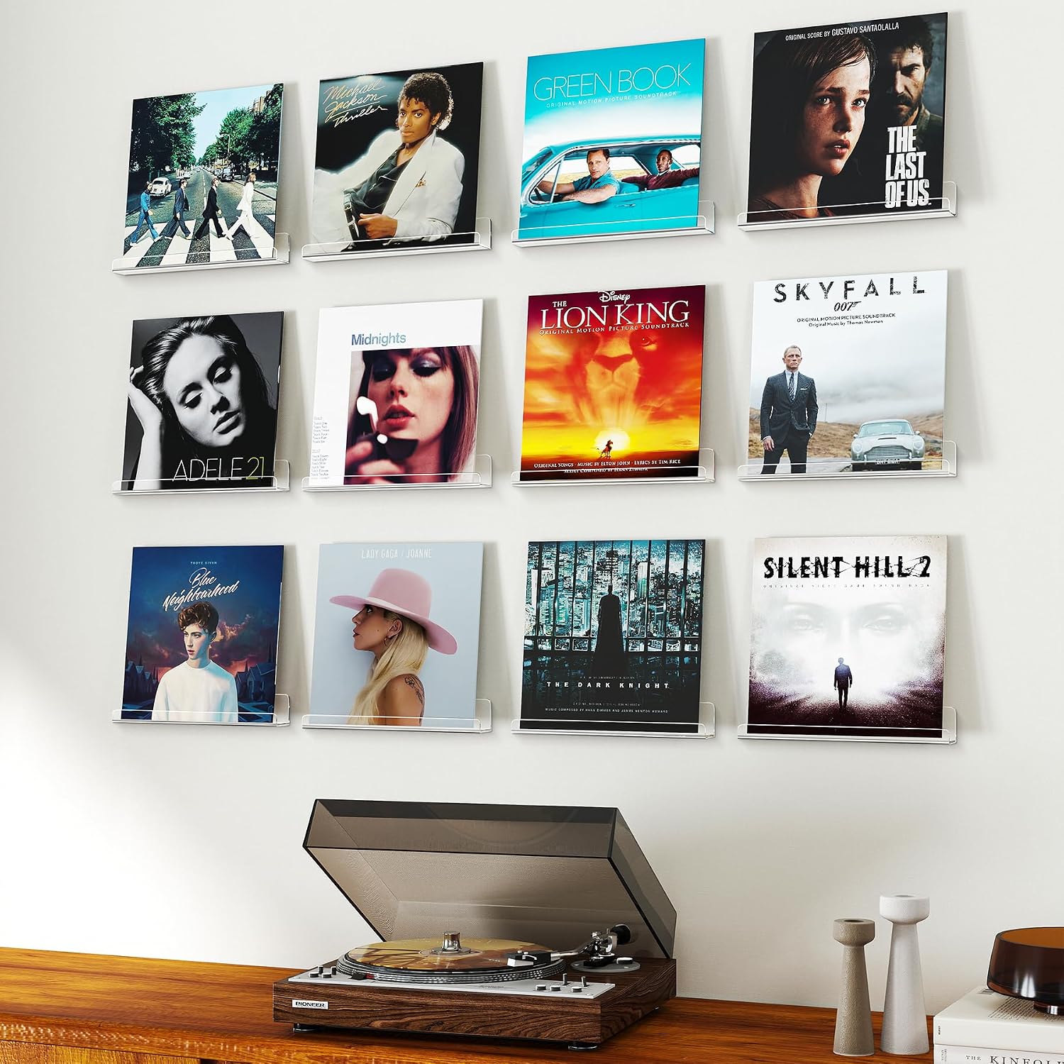 Gotega Vinyl Record Shelf Wall Mount 12 Pack, 12 inch Album Record Display | Clear Acrylic Floating Shelves for Wall