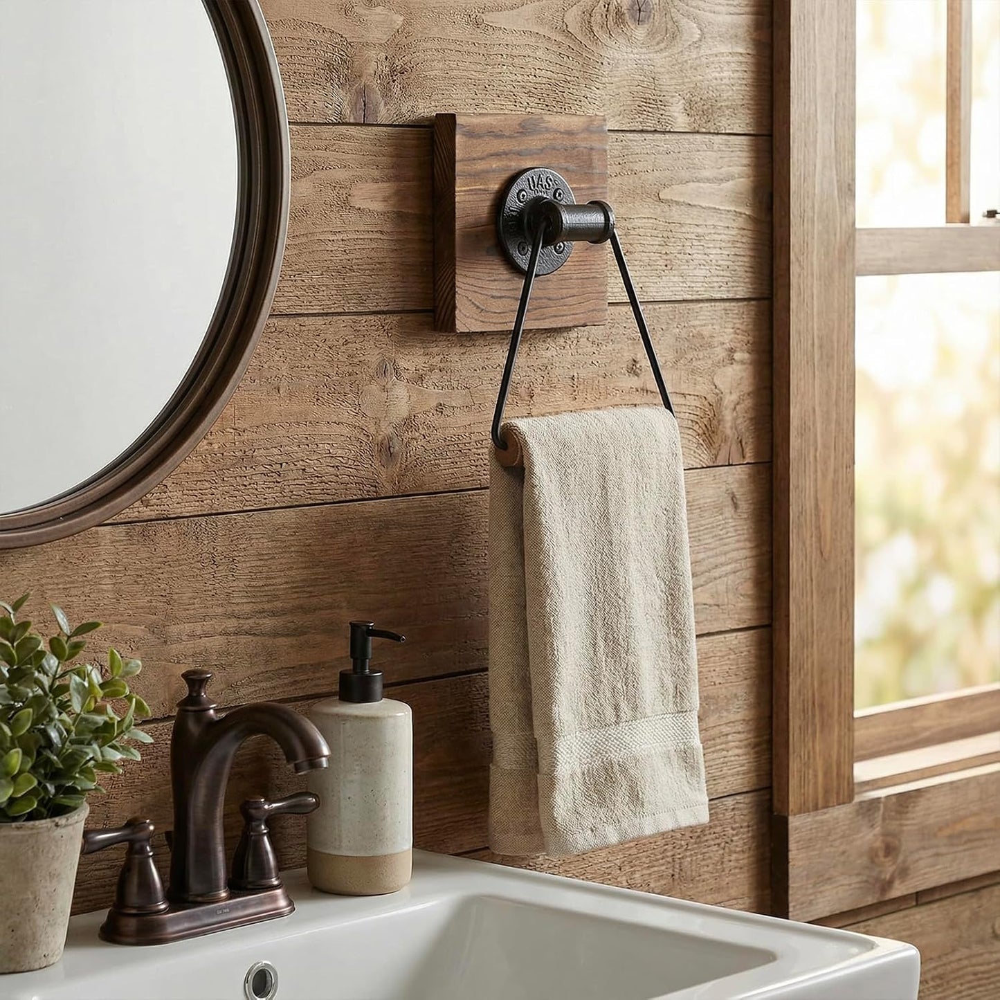 MyGift Bathroom Hand Towel Holder, Towel Rack Ring 5.5x8.7 inch for Kitchen, Laundry Room, Matte Black Industrial Metal
