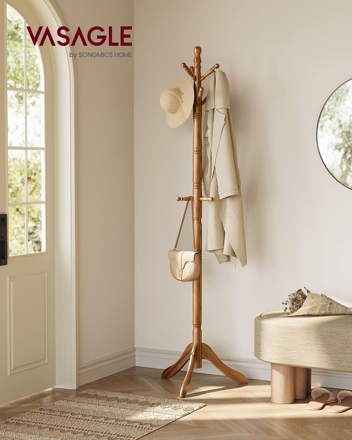 VASAGLE Solid Wood Coat Rack and Stand, Free Standing Hall Coat Tree with 10 Hooks for Hats, Bags, Purses, for