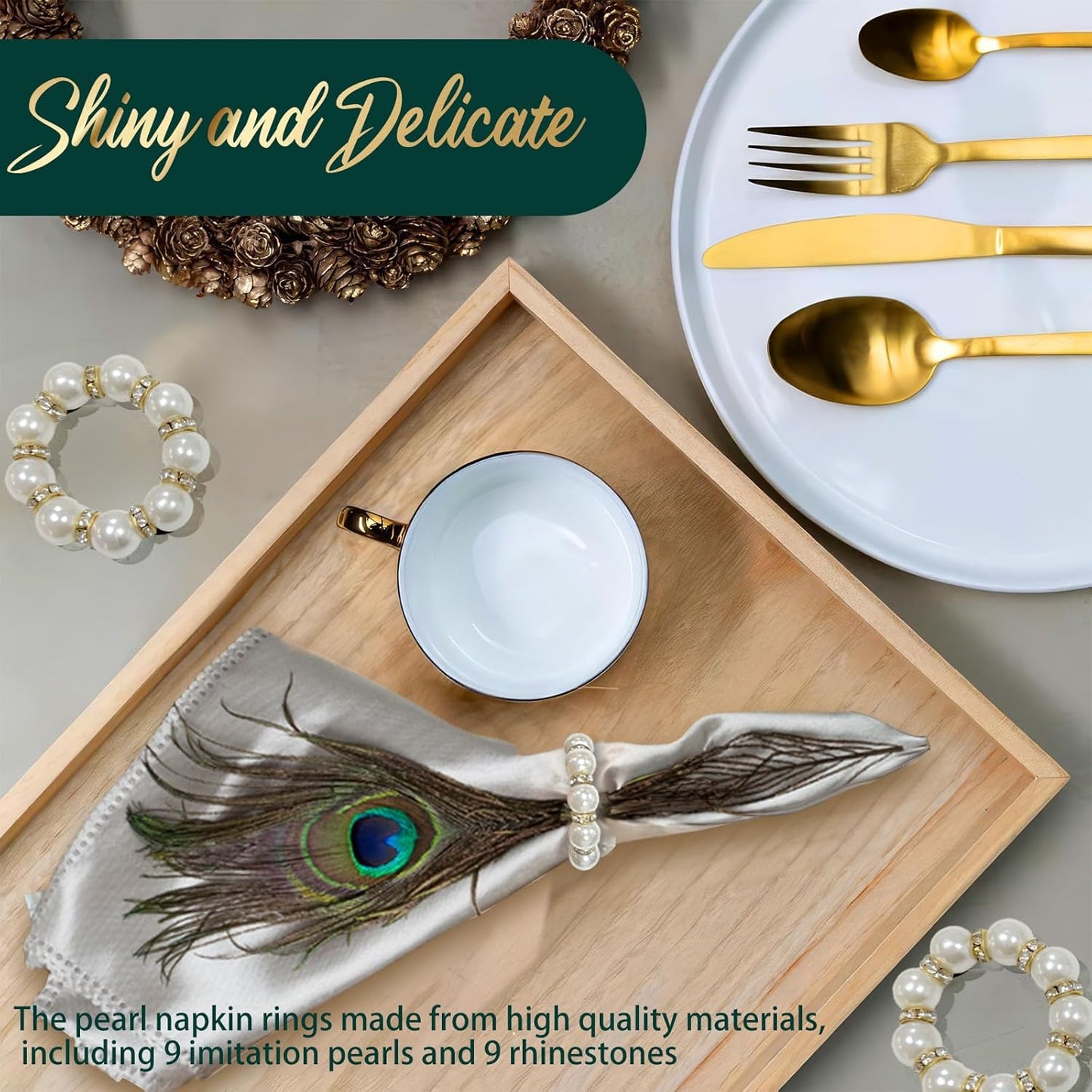 100Pcs Gold Disposable Napkin Rings Imitation Pearl Ring Napkin Holder Delicate White&Gold Beaded Serviette Buckles for