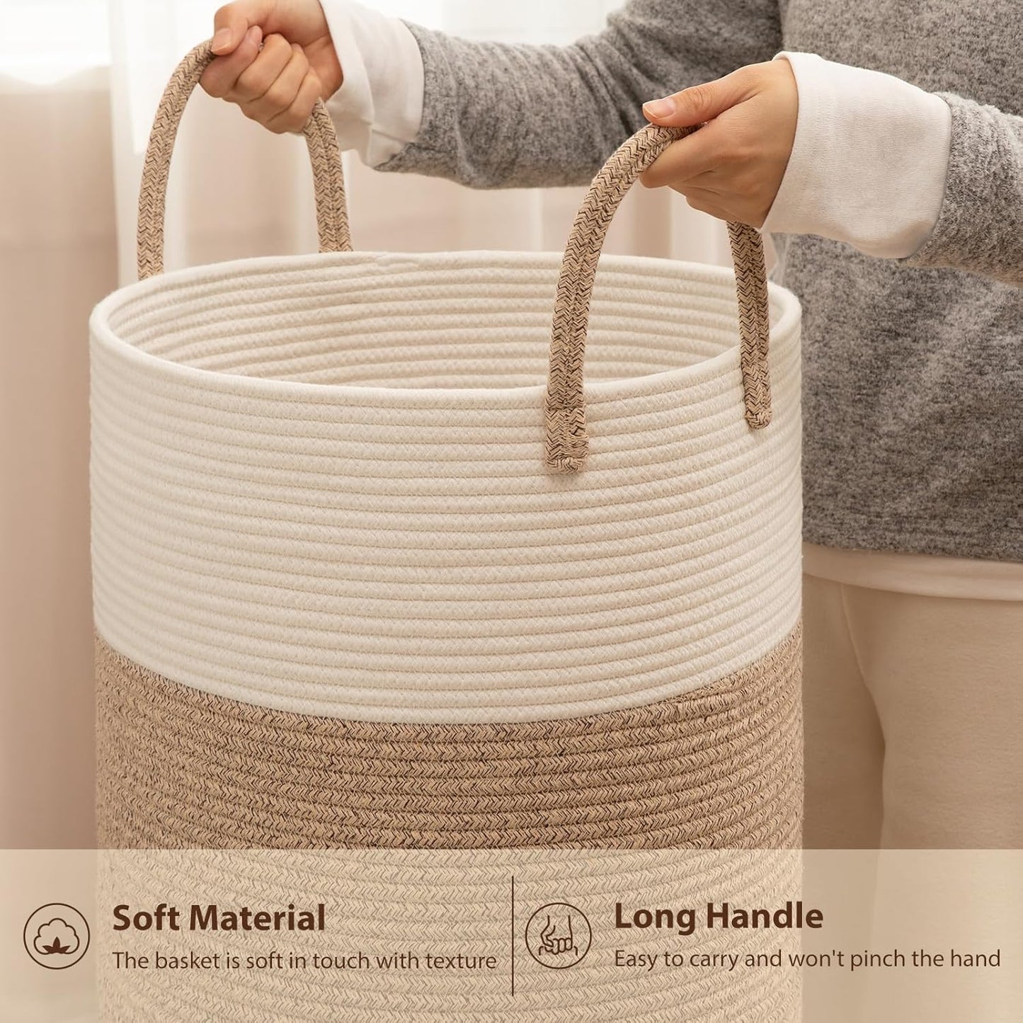 Cotton Rope Woven Basket for Blankets / Brown/white / 60L