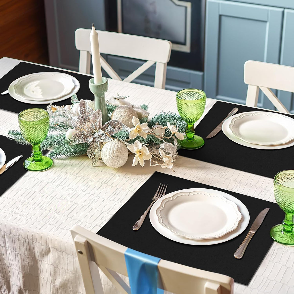 MANSPHIL Black Cloth Placemats Set of 6 Double Layer Thick Fabric Table Mats Faux Linen Place Mats Heat Resistant