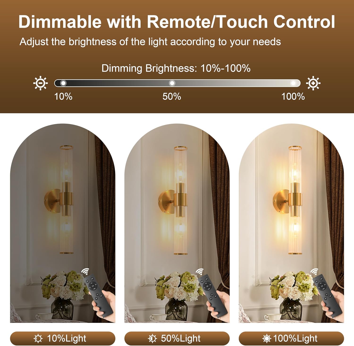 Gold Battery Operated Wall Sconces Set of Two, Dimmable Rechargeable Sconce | Wireless Wall Light with Remote Control